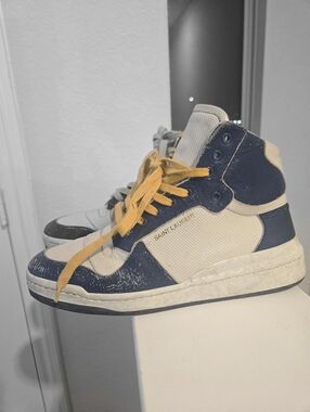 Saint Laurent High-Top Sneakers in Navy, Cream and Yellow
